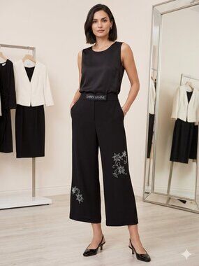 Larry Levine Women 8P Black Linen Blend Floral Beaded Crop Pant Side Zip Casual